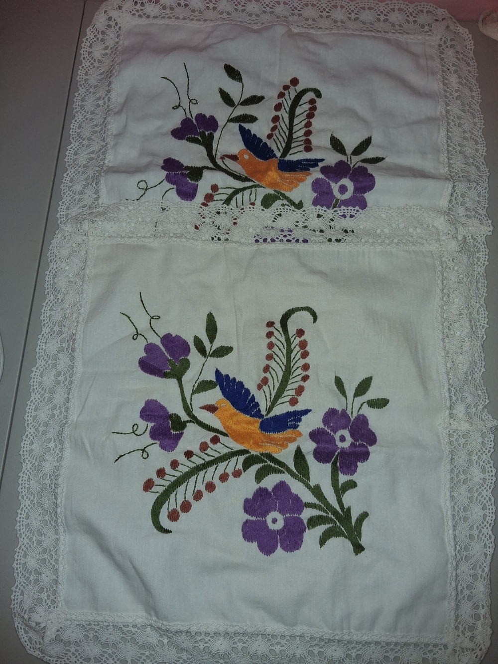 Embroidered Bird & Purple Floral Linen Panel with Lace Trim